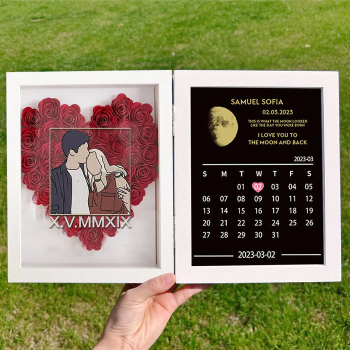 Portrait de couple personnalisé avec cadre de lune et boîte à ombre à fleurs