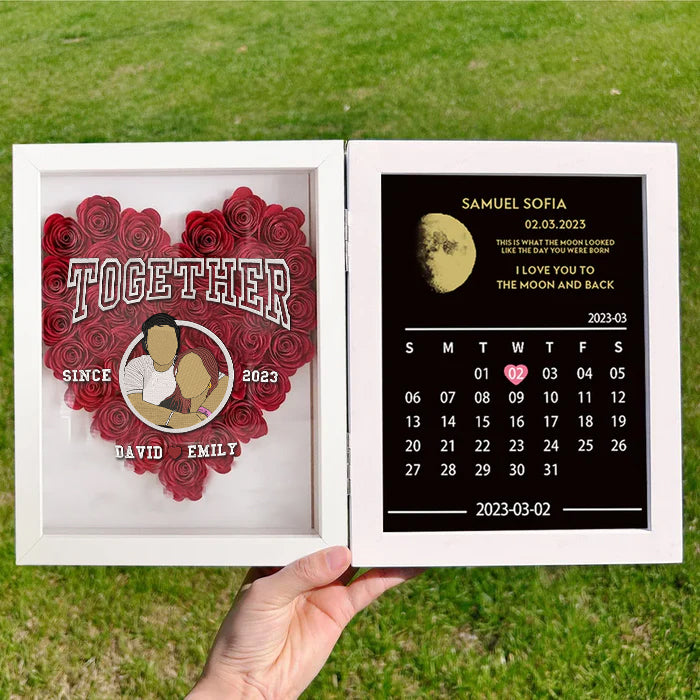 Portrait de couple personnalisé avec cadre de lune et boîte à ombre à fleurs