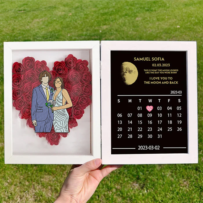 Portrait de couple personnalisé avec cadre de lune et boîte à ombre à fleurs