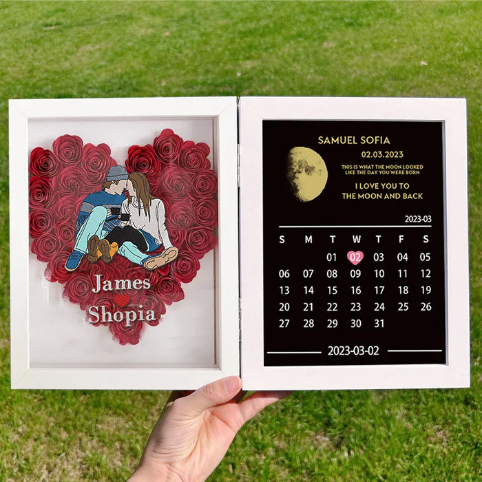 Portrait de couple personnalisé avec cadre de lune et boîte à ombre à fleurs