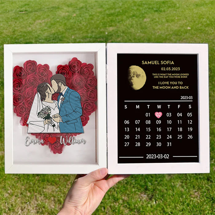 Portrait de couple personnalisé avec cadre de lune et boîte à ombre à fleurs