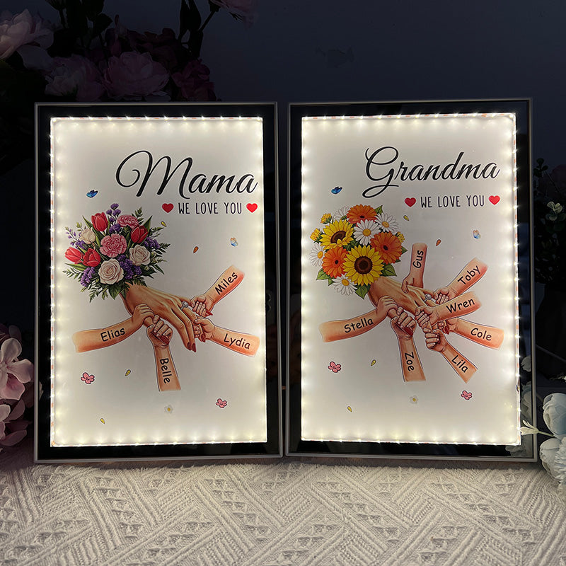 Boîte lumineuse miroir fleurie personnalisée maman et enfants se tenant la main