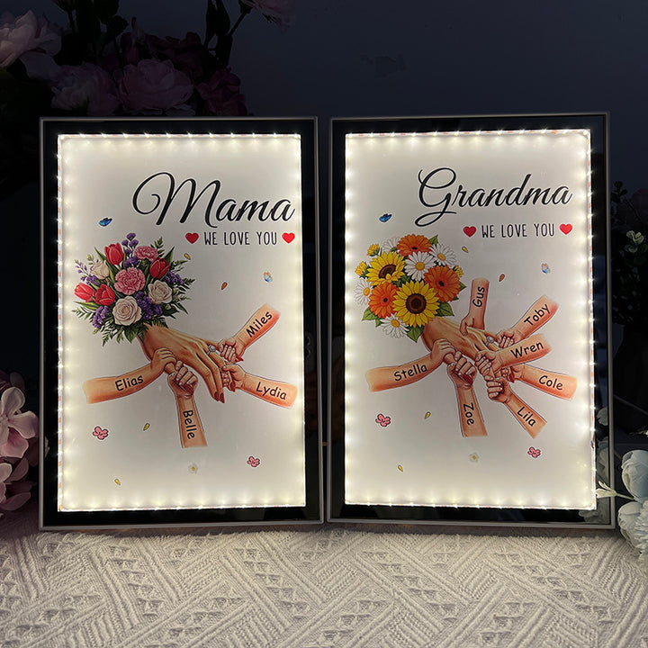 Boîte lumineuse miroir fleurie personnalisée maman et enfants se tenant la main