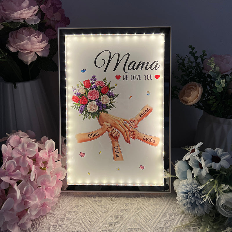Boîte lumineuse miroir fleurie personnalisée maman et enfants se tenant la main