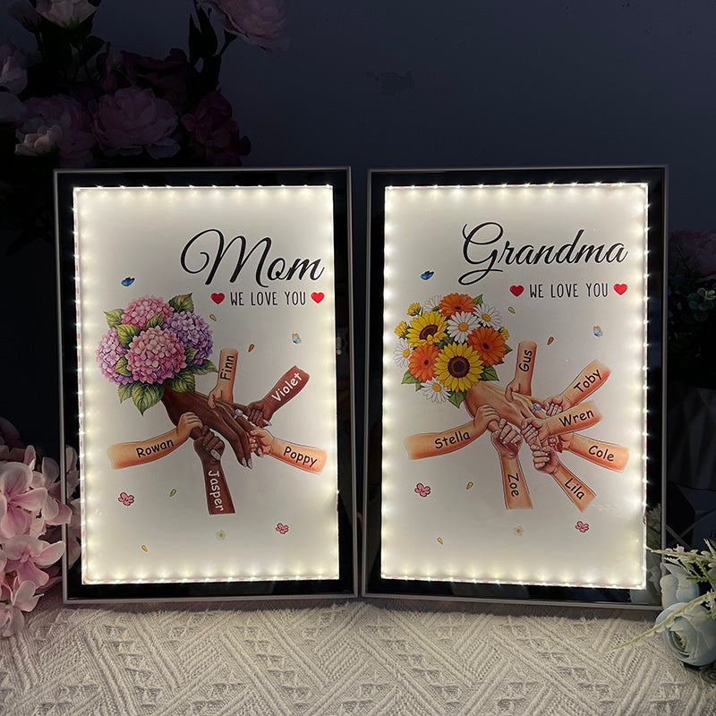Boîte lumineuse miroir fleurie personnalisée maman et enfants se tenant la main