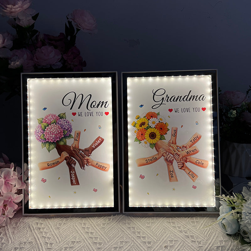 Boîte lumineuse miroir fleurie personnalisée maman et enfants se tenant la main