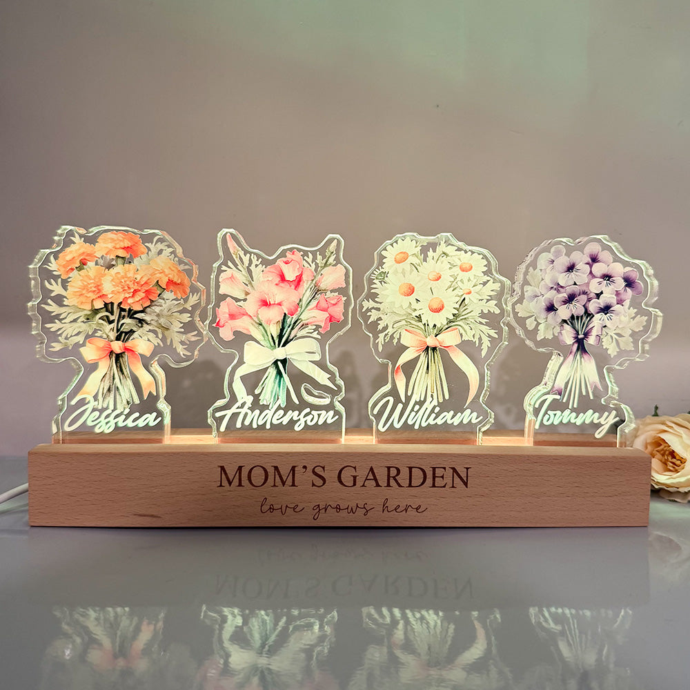 Bouquet de fleurs de naissance personnalisé avec les prénoms des enfants, en acrylique lumineux