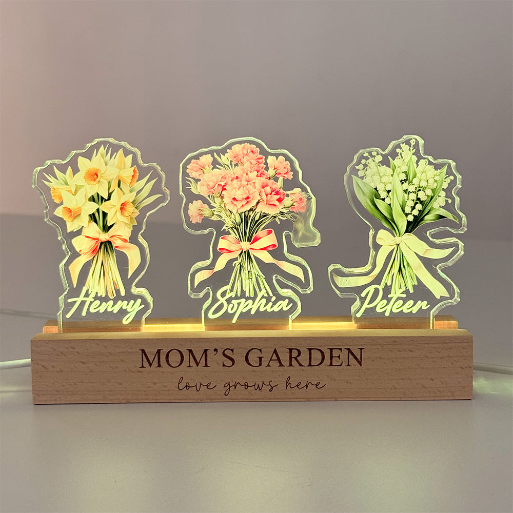 Bouquet de fleurs de naissance personnalisé avec les prénoms des enfants, en acrylique lumineux