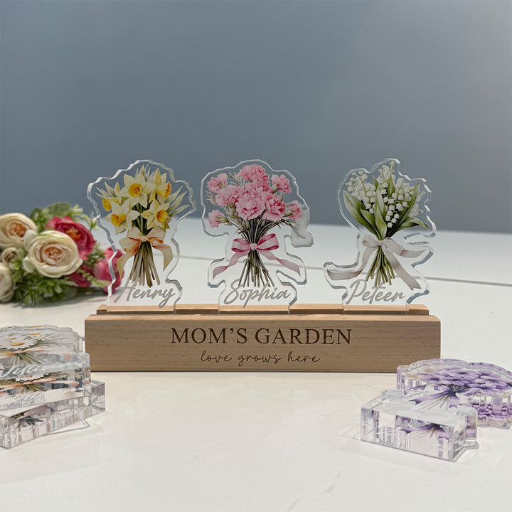 Bouquet de fleurs de naissance personnalisé avec les prénoms des enfants, en acrylique lumineux