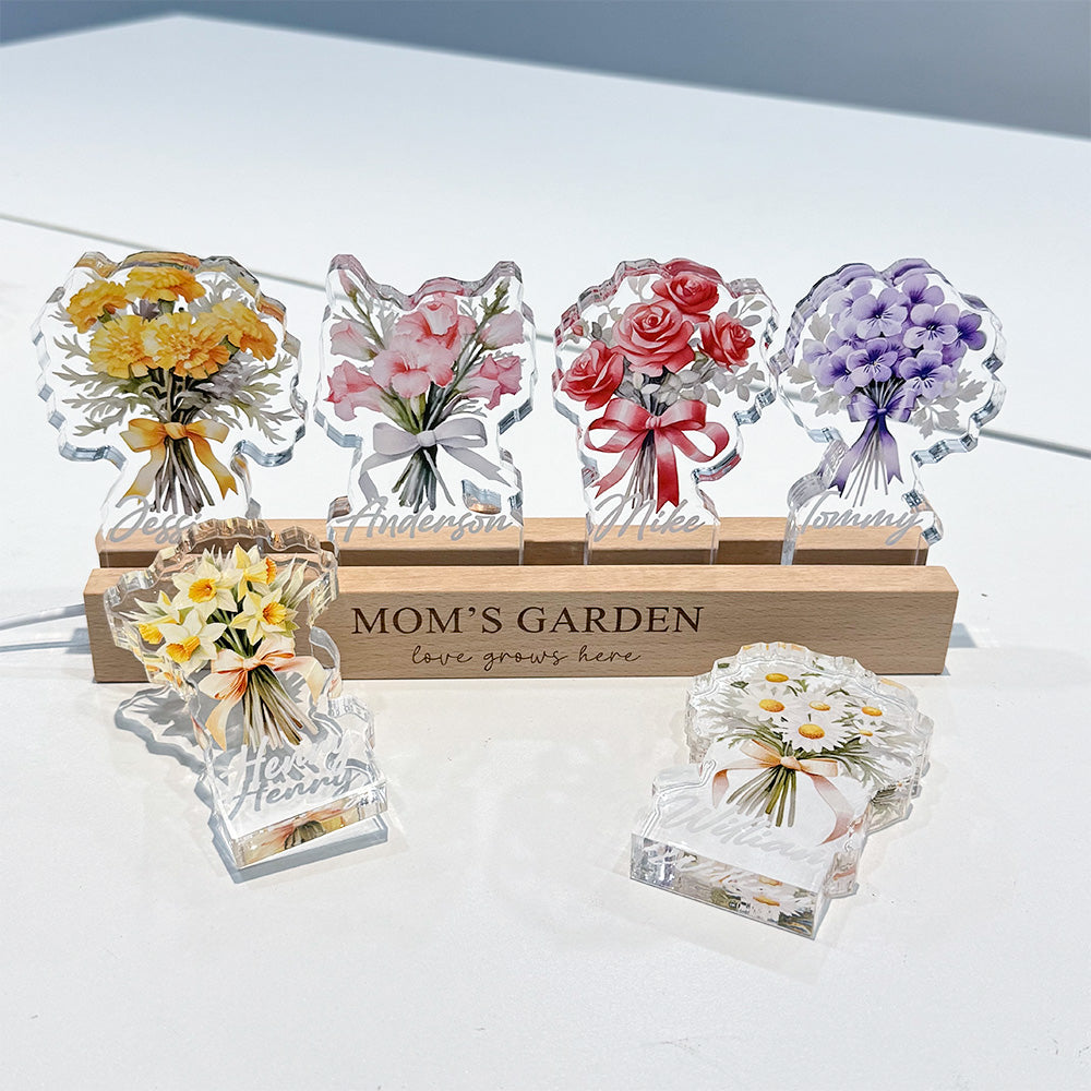 Bouquet de fleurs de naissance personnalisé avec les prénoms des enfants, en acrylique lumineux