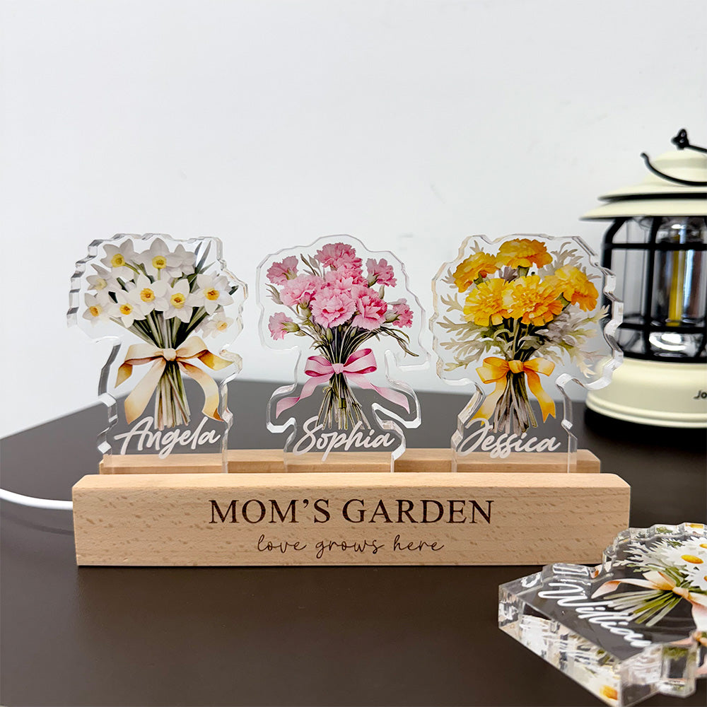 Bouquet de fleurs de naissance personnalisé avec les prénoms des enfants, en acrylique lumineux