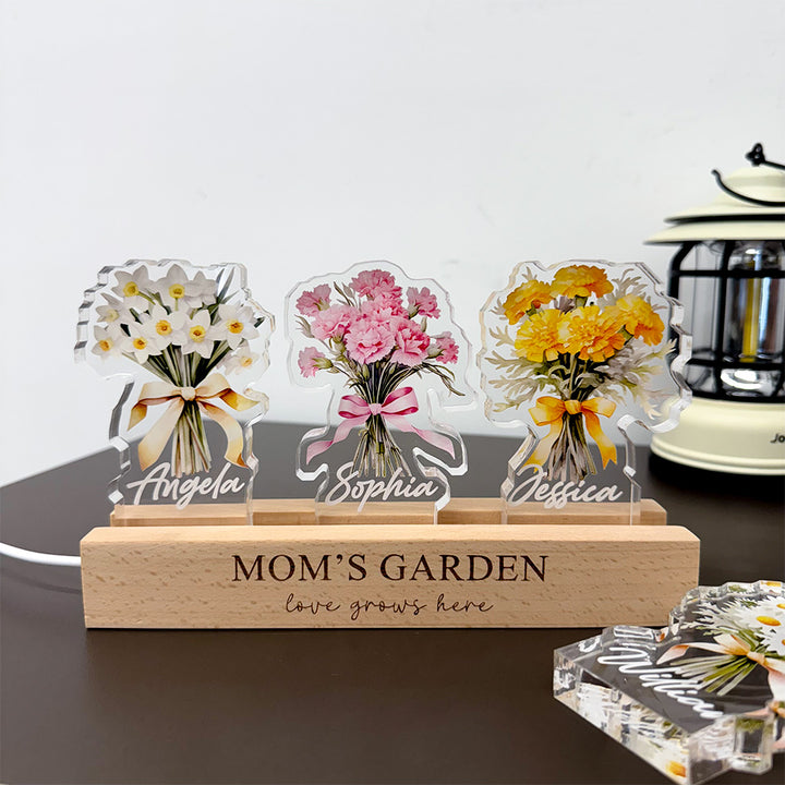 Bouquet de fleurs de naissance personnalisé avec les prénoms des enfants, en acrylique lumineux