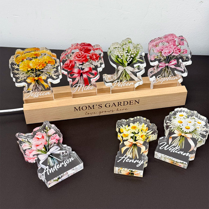 Bouquet de fleurs de naissance personnalisé avec les prénoms des enfants, en acrylique lumineux