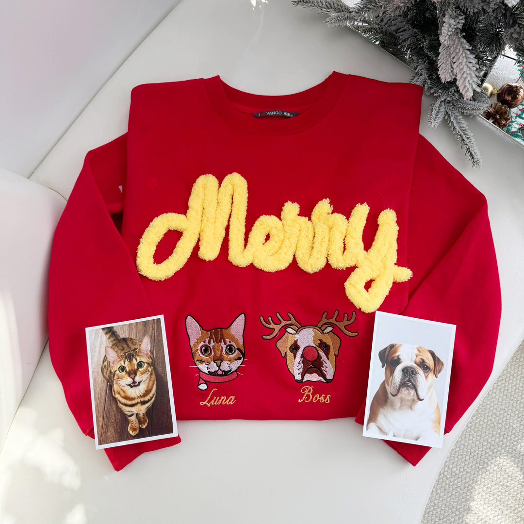 Sweat-shirt/sweat à capuche de Noël personnalisé avec broderie photo de votre animal de compagnie et fil chenille double traitement