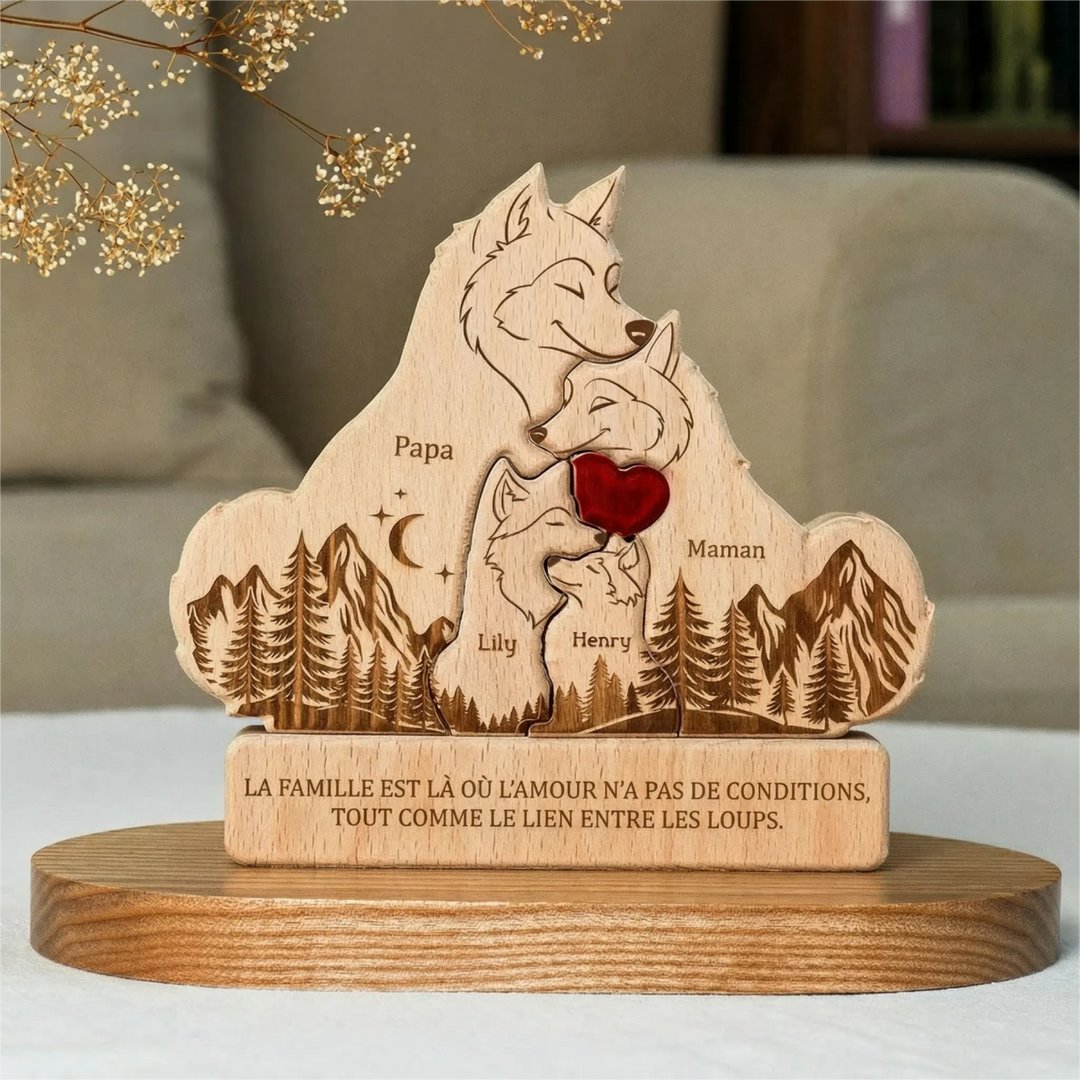 Puzzle en bois personnalisé - Famille de loups - Décorations et cadeaux personnalisés