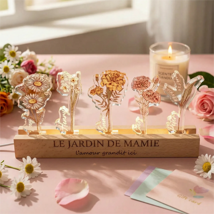 Fleur de naissance personnalisée en acrylique 3D avec lumière LED et prénoms des enfants