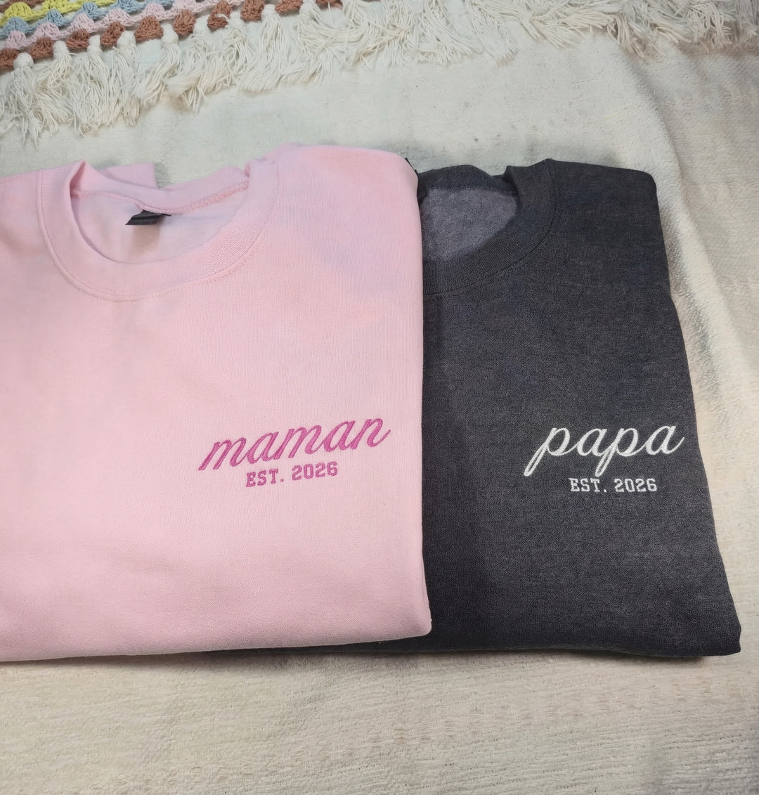 Sweat-shirt brodé avec les surnoms de maman et papa