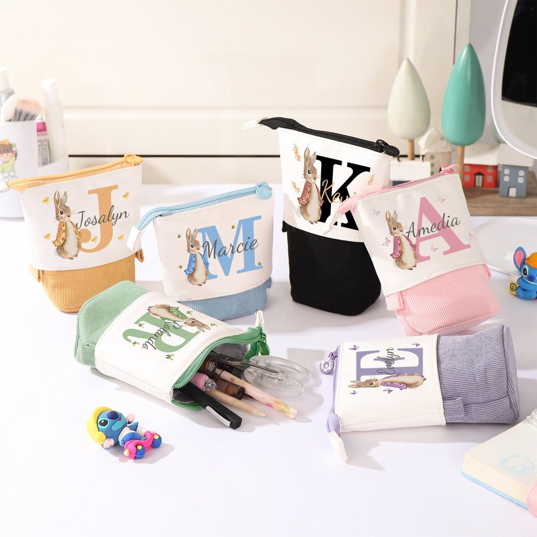 Trousse Personnalisé Lettre et Prénom Étui à Crayons scolaire Lapin | Cadeaux Rentrée Scolaire