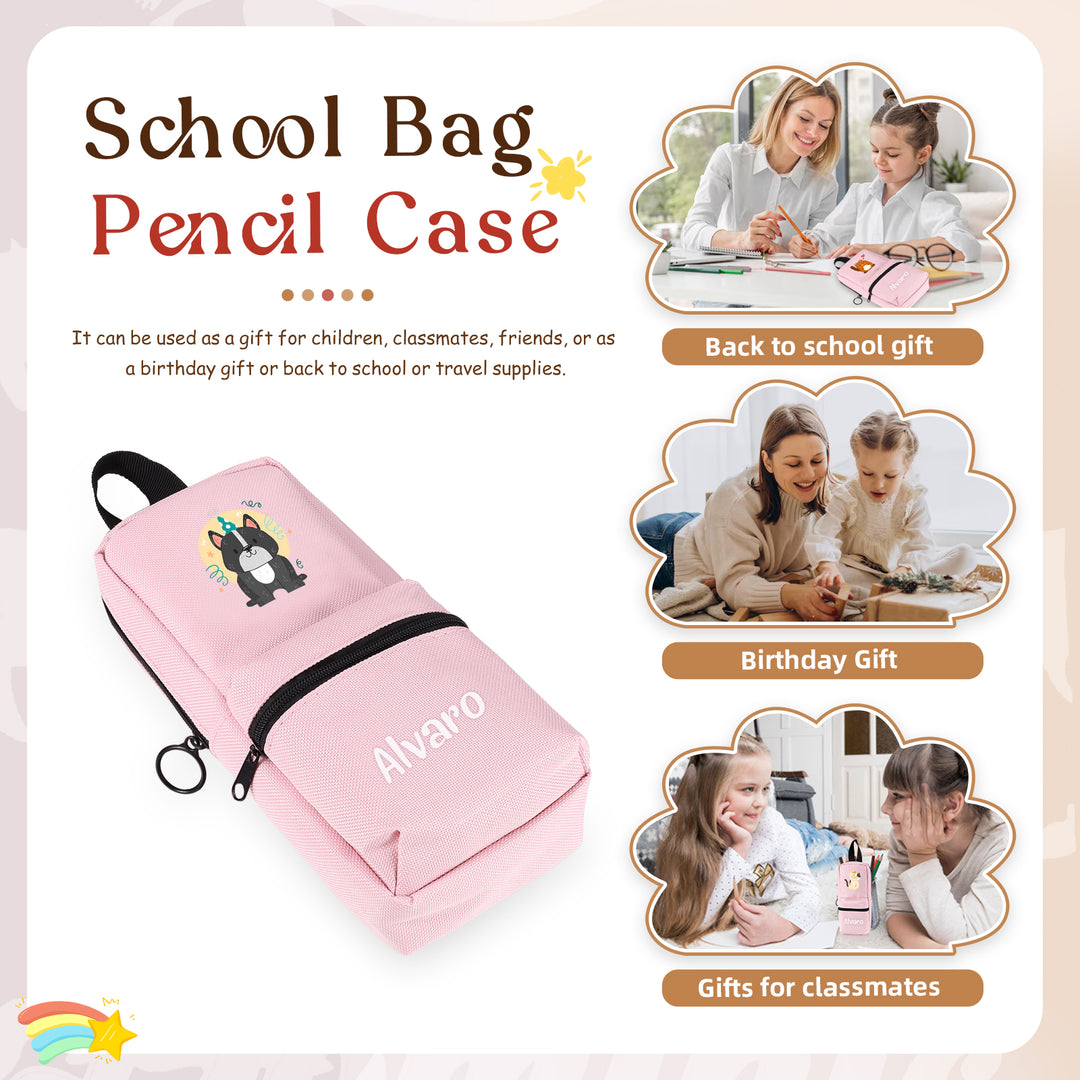 Trousse Personnalisable avec 1 Nom et Motif au Choix – Cadeau rentrée scolaire pour Enfants, 4 Couleurs