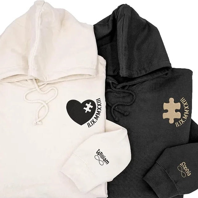 Pièces de puzzle personnalisées, sweat-shirts pour couple avec chiffres romains brodés