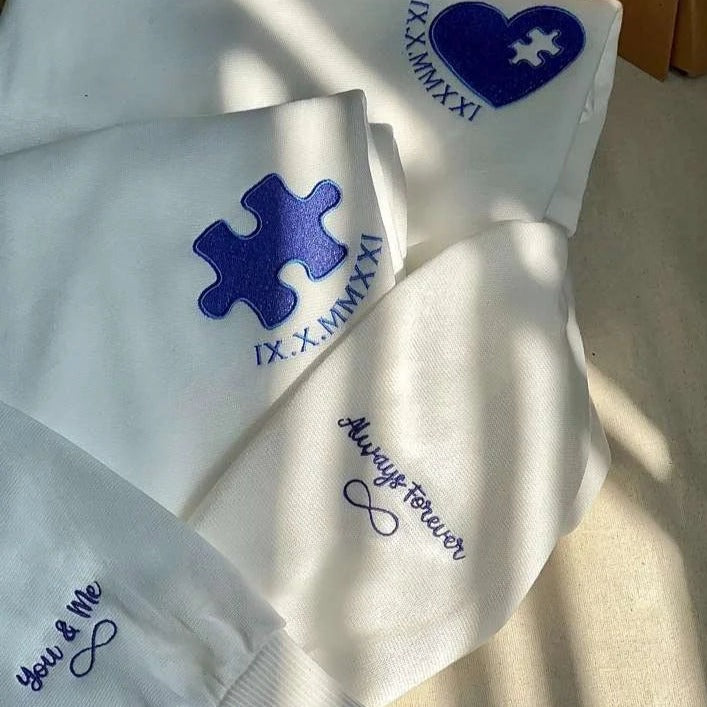 Pièces de puzzle personnalisées, sweat-shirts pour couple avec chiffres romains brodés