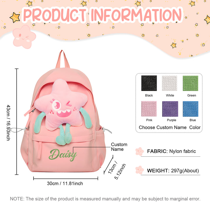 Sac à dos Enfant avec étoile Peluche, Personnalisable avec 1 Prénom et Choix de Couleur du Nom