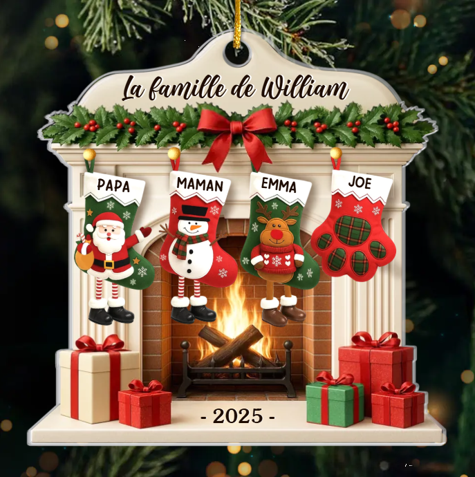 Décoration de Noël personnalisée en acrylique avec noms de famille et icônes de bas