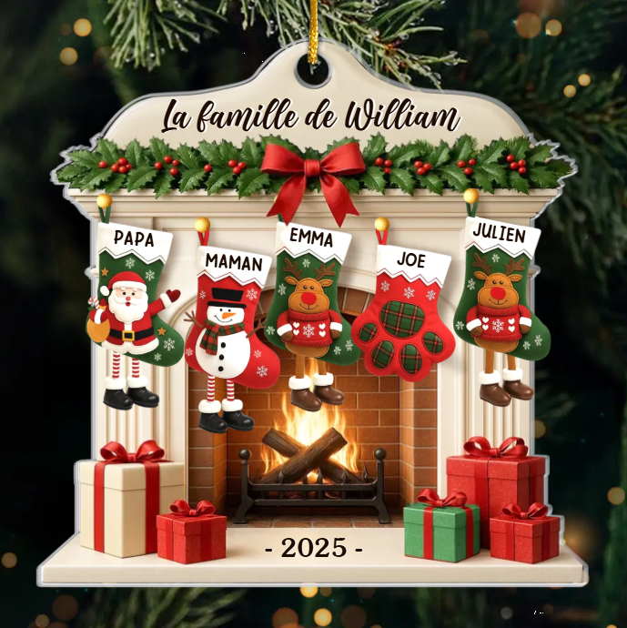 Décoration de Noël personnalisée en acrylique avec noms de famille et icônes de bas