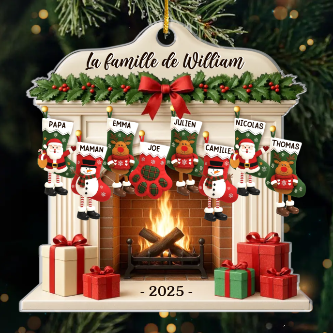 Décoration de Noël personnalisée en acrylique avec noms de famille et icônes de bas