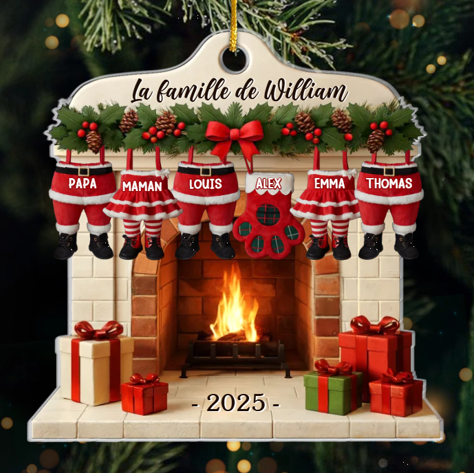 Décoration de Noël personnalisée en acrylique avec noms de famille et choix de vêtements