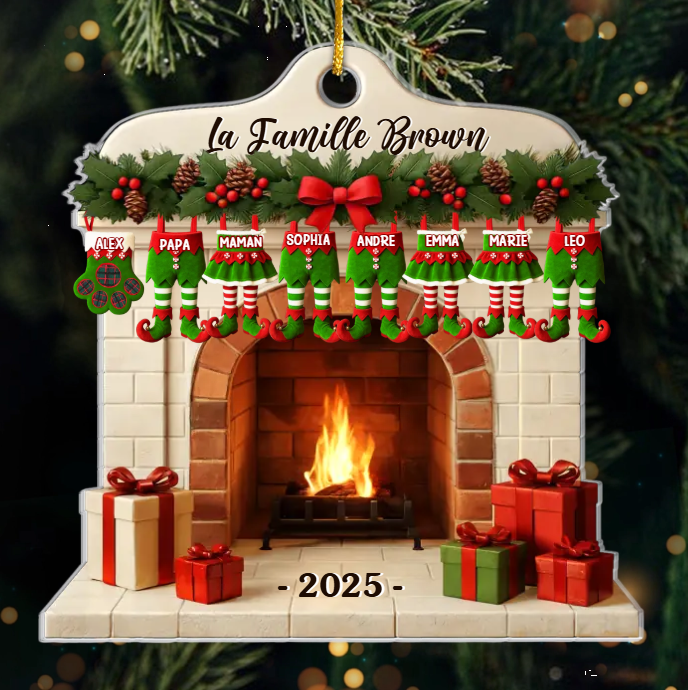 Décoration de Noël personnalisée en acrylique avec noms de famille et choix de vêtements