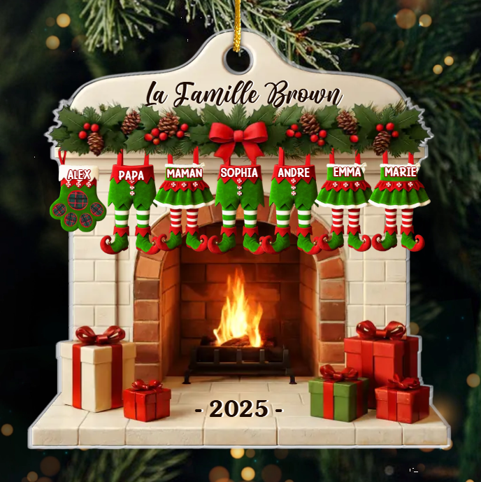 Décoration de Noël personnalisée en acrylique avec noms de famille et choix de vêtements