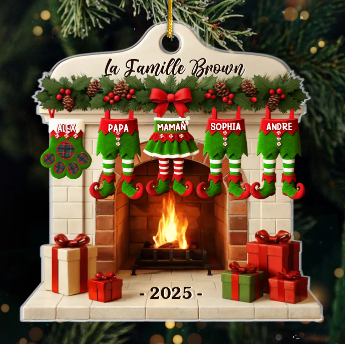 Décoration de Noël personnalisée en acrylique avec noms de famille et choix de vêtements