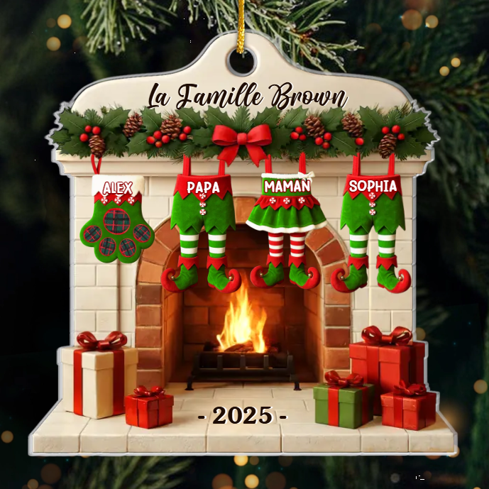 Décoration de Noël personnalisée en acrylique avec noms de famille et choix de vêtements