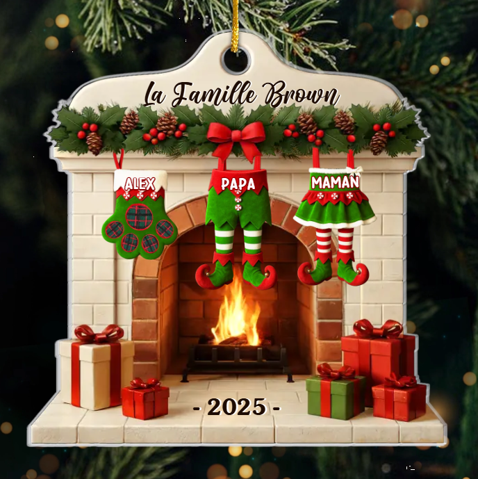 Décoration de Noël personnalisée en acrylique avec noms de famille et choix de vêtements