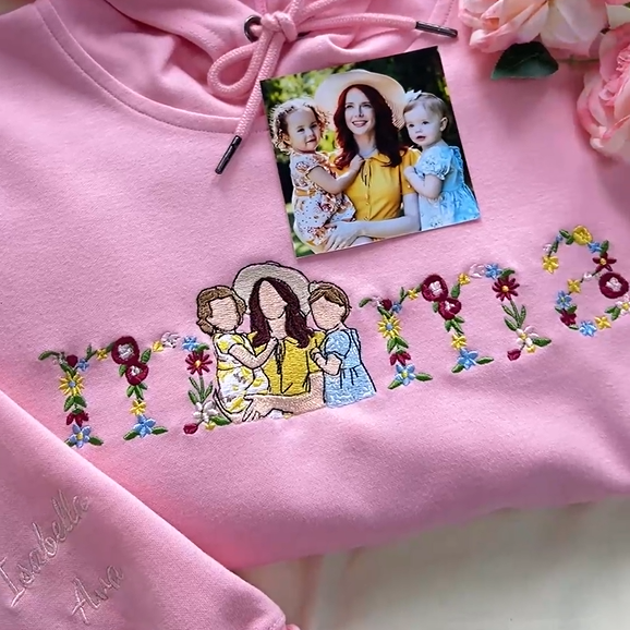 T-shirts et sweatshirts personnalisés avec portrait floral brodé pour maman/grand-mère