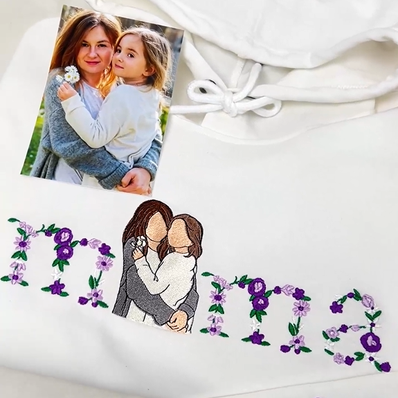 T-shirts et sweatshirts personnalisés avec portrait floral brodé pour maman/grand-mère