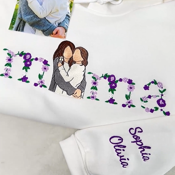 T-shirts et sweatshirts personnalisés avec portrait floral brodé pour maman/grand-mère