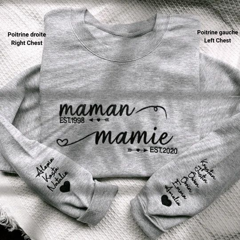 Sweat-shirt brodé personnalisé « De maman à grand-mère / De papa à grand-père » avec les noms des enfants sur les manches