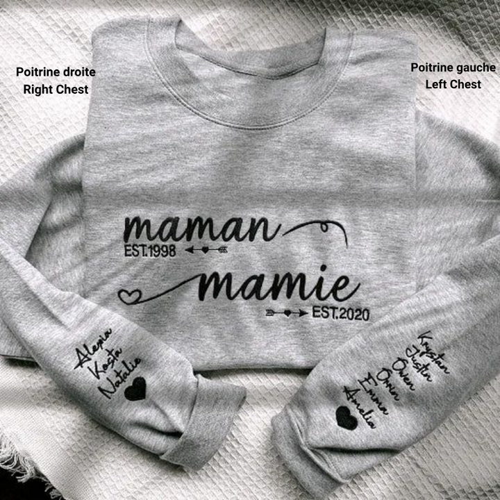 Sweat-shirt brodé personnalisé « De maman à grand-mère / De papa à grand-père » avec les noms des enfants sur les manches