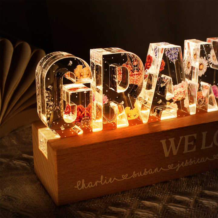 Veilleuse LED personnalisée avec impression florale - cadeau pour maman et grand-mère