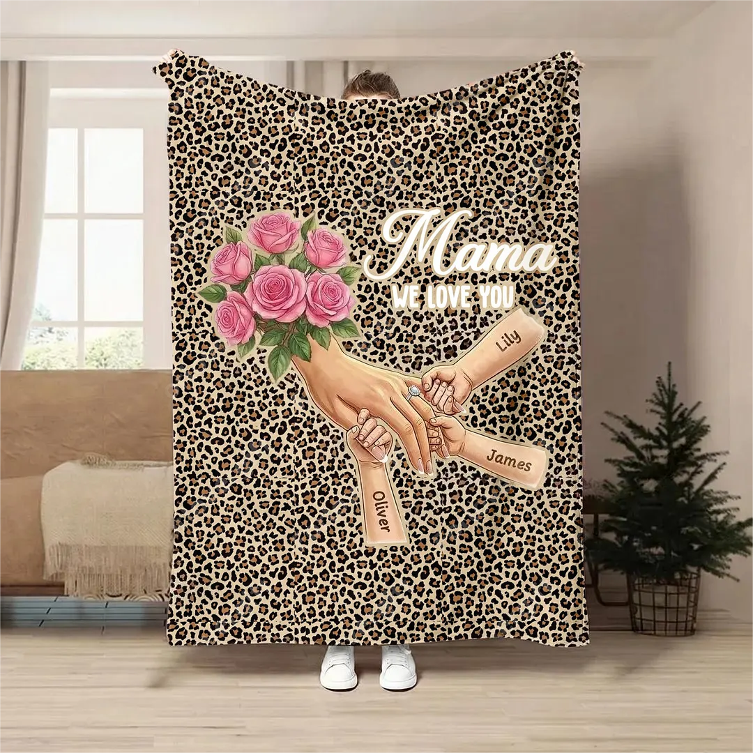 Plaid couverture personnalisée Maman mains entrelacées avec prénoms et fleurs