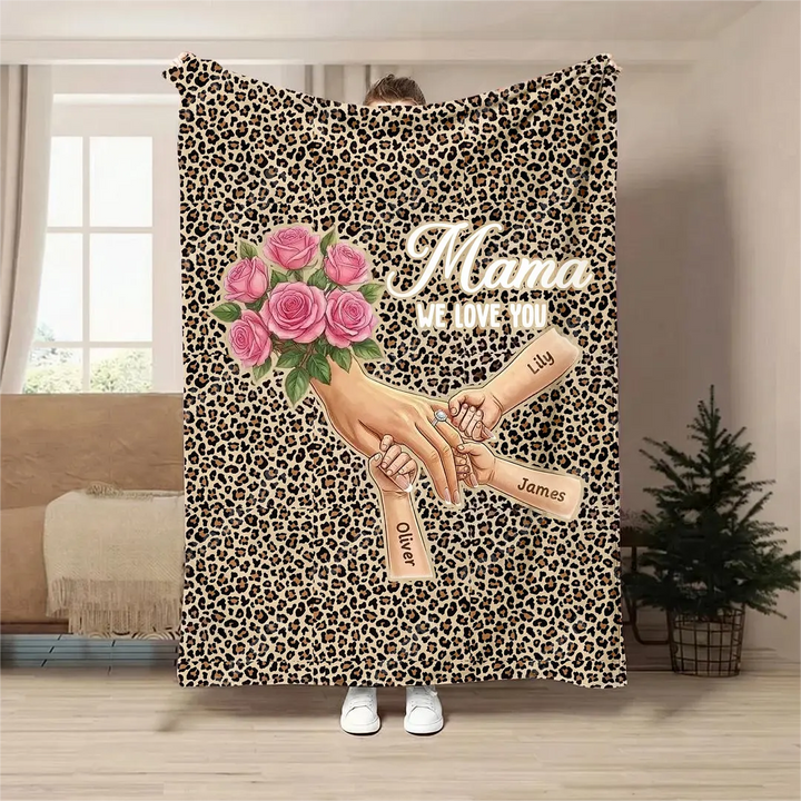 Plaid couverture personnalisée Maman mains entrelacées avec prénoms et fleurs