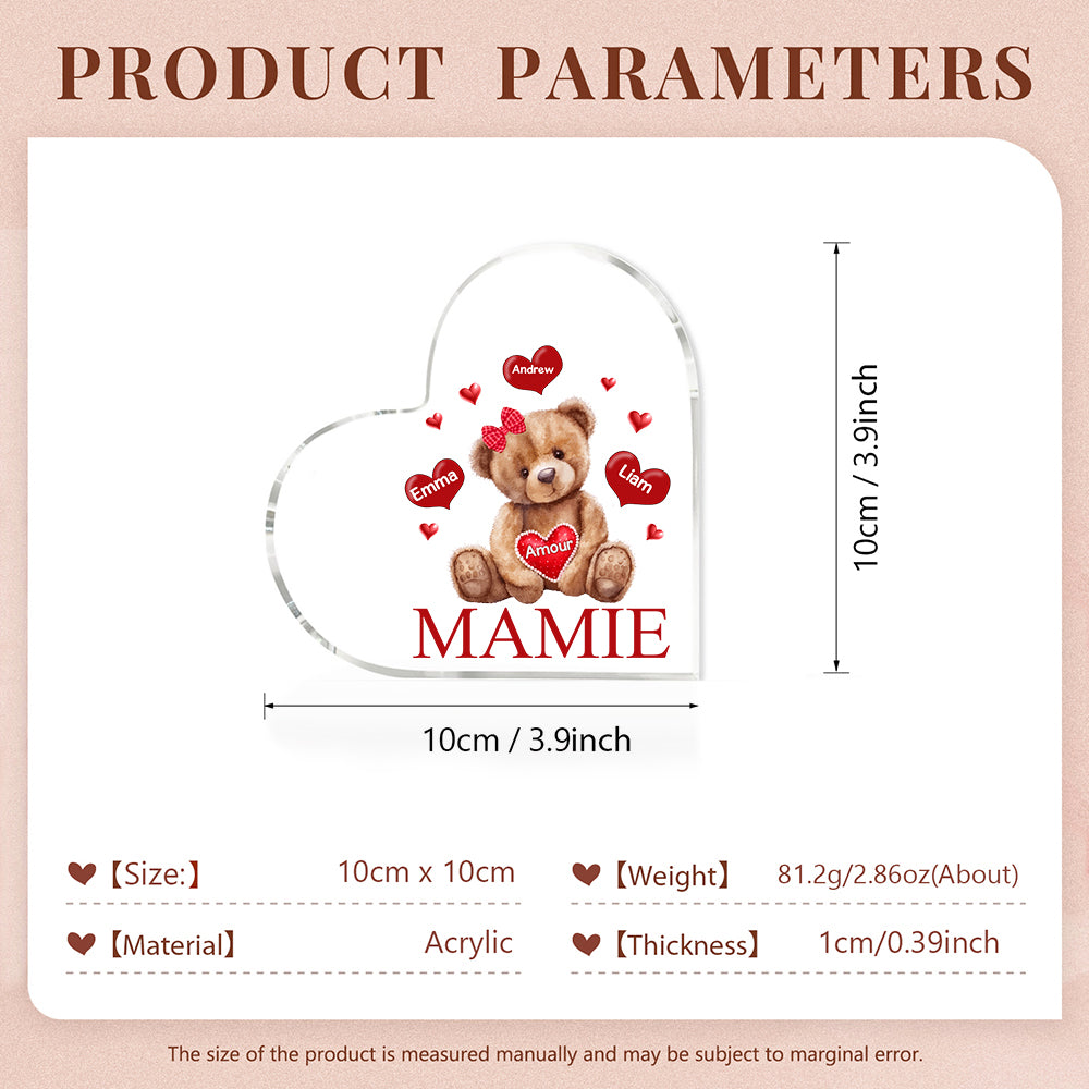 À ma Maman/Mamie - Plaque Acrylique Ours en Forme de Cœur Personnalisés avec -  1-9 prénoms