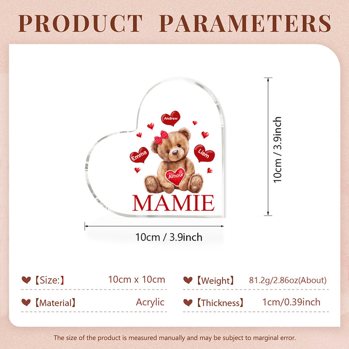 À ma Maman/Mamie - Plaque Acrylique Ours en Forme de Cœur Personnalisés avec -  1-9 prénoms