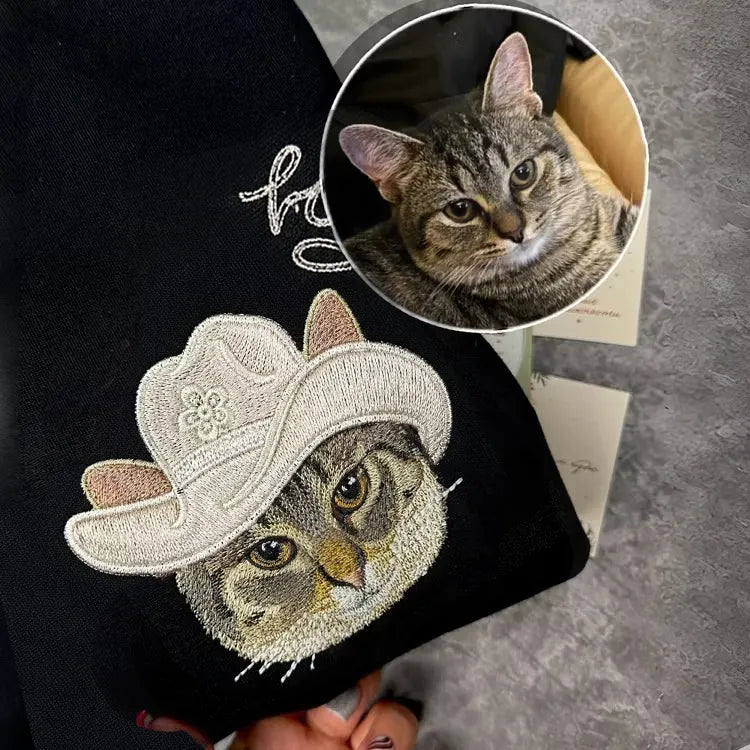Sweat-shirt brodé avec portrait d'animal personnalisé, style cowboy western et options de chapeau en jean coloré