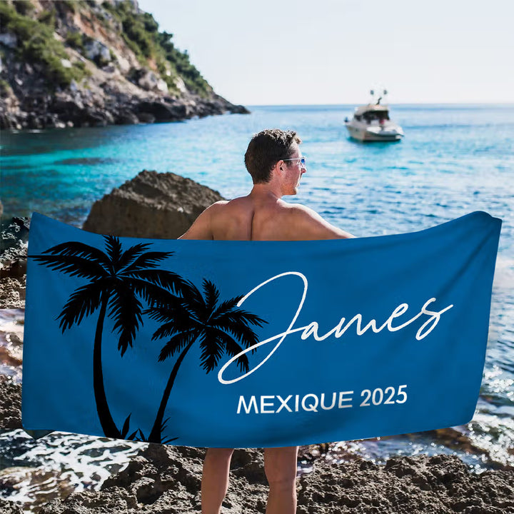 Serviette de Plage Personnalisée avec Nom Texte Motif Palmier Multicolore Accessoire à Séchage Rapide Cadeau pour Femme