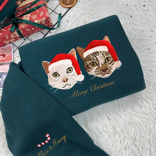Sweat-shirt brodé en couleur avec portrait d'animal personnalisé (2025), avec chapeau de Noël en option