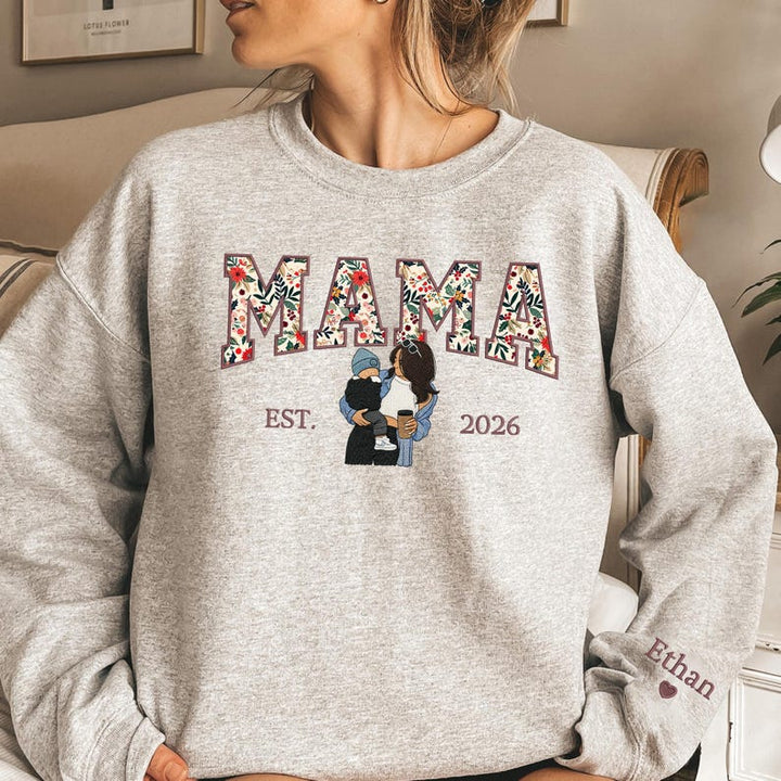 Sweat-shirt personnalisé brodé de motifs floraux avec portrait pour maman