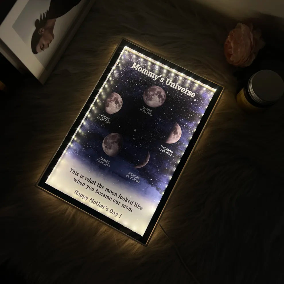 L'univers de maman/papa - Miroir lumineux personnalisé avec phases de lune étoilées